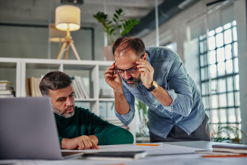 Mature businessman using documents to discuss information with a colleague in a modern business office
